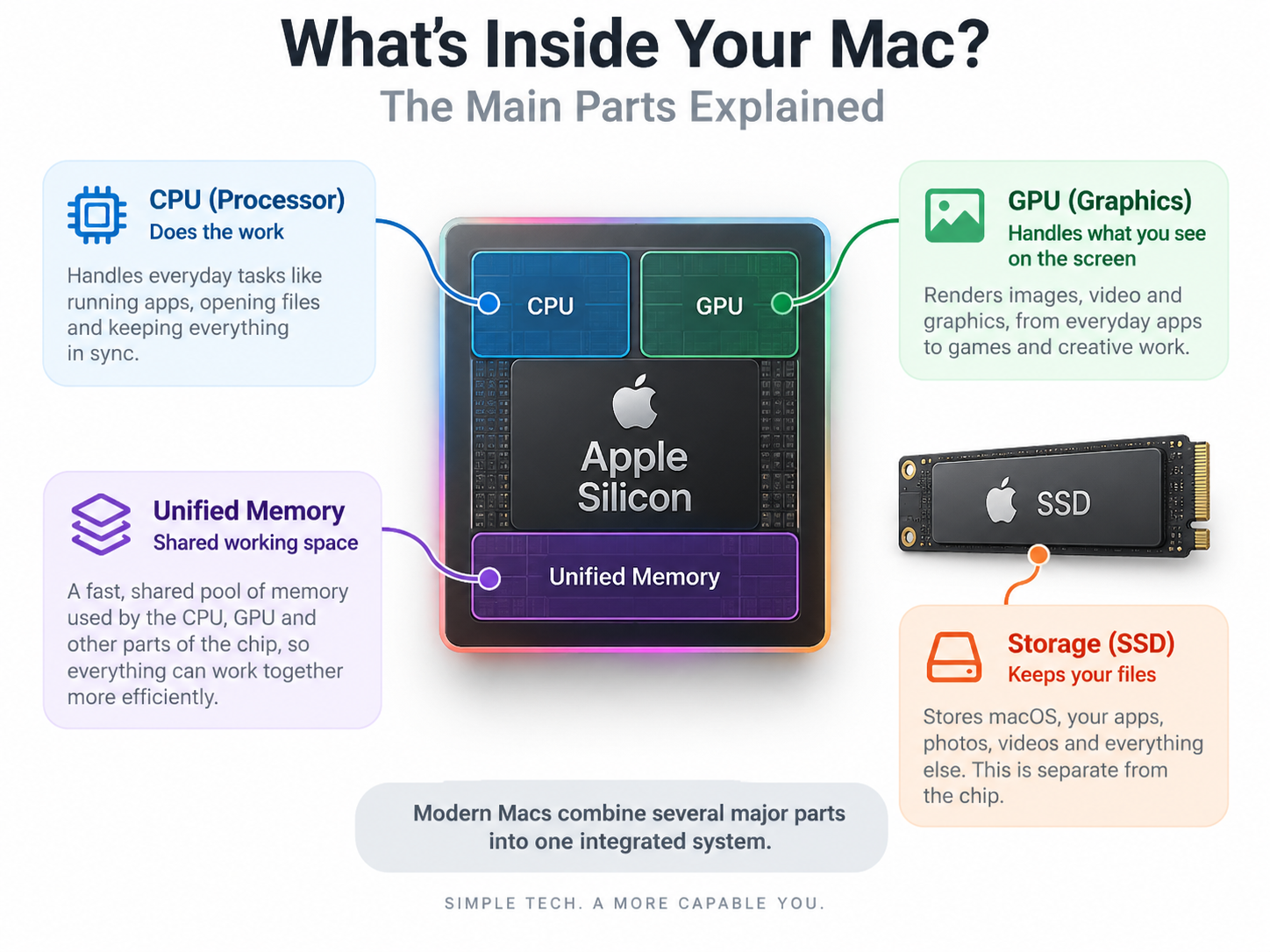 Diagram explaining the main components of a modern Apple silicon Mac including CPU, GPU, unified memory and SSD storage