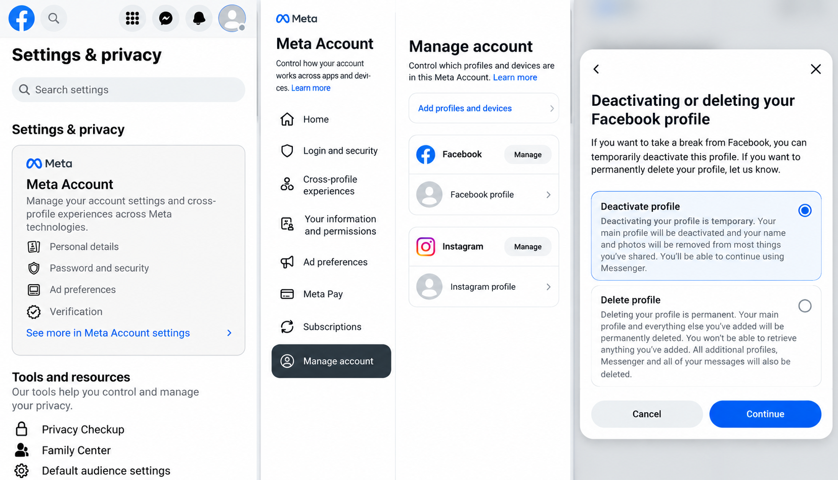 Facebook and Meta Account settings showing how to deactivate or delete a Facebook profile