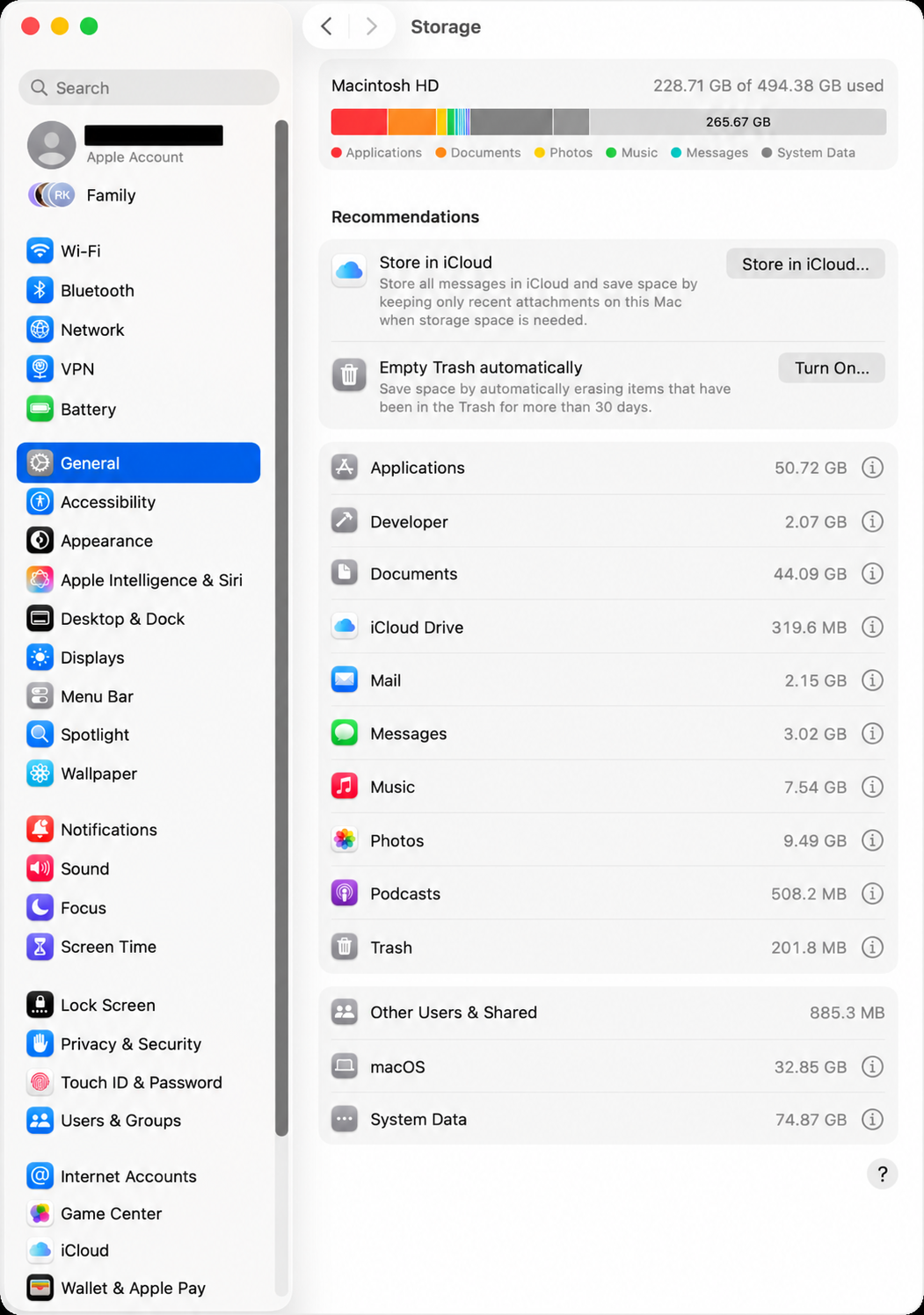 Mac System Settings showing storage usage