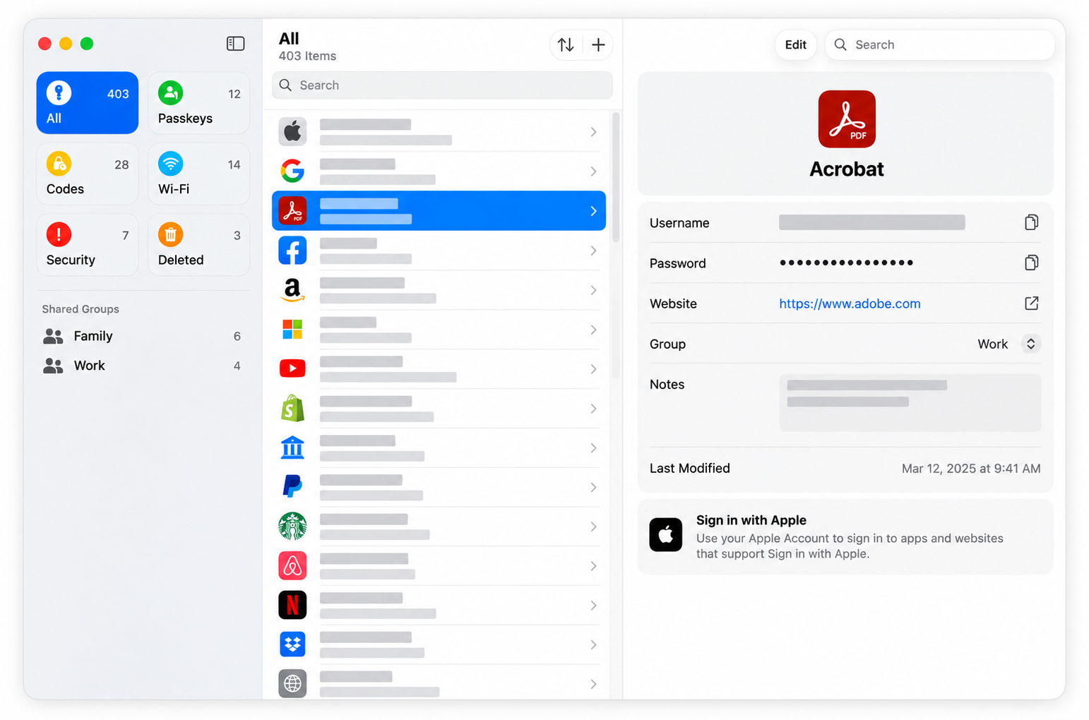 Apple Passwords app showing saved passwords, passkeys, verification codes and security alerts