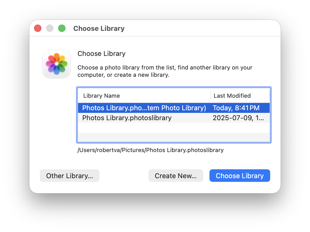 Photos library chooser on a Mac