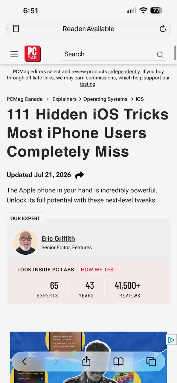 Safari Reader menu on iPhone showing the Show Reader option
