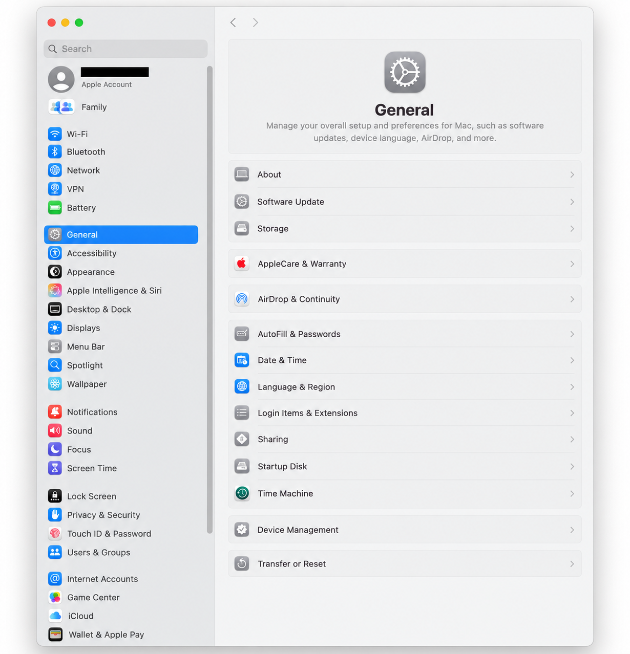 Mac System Settings window with General selected