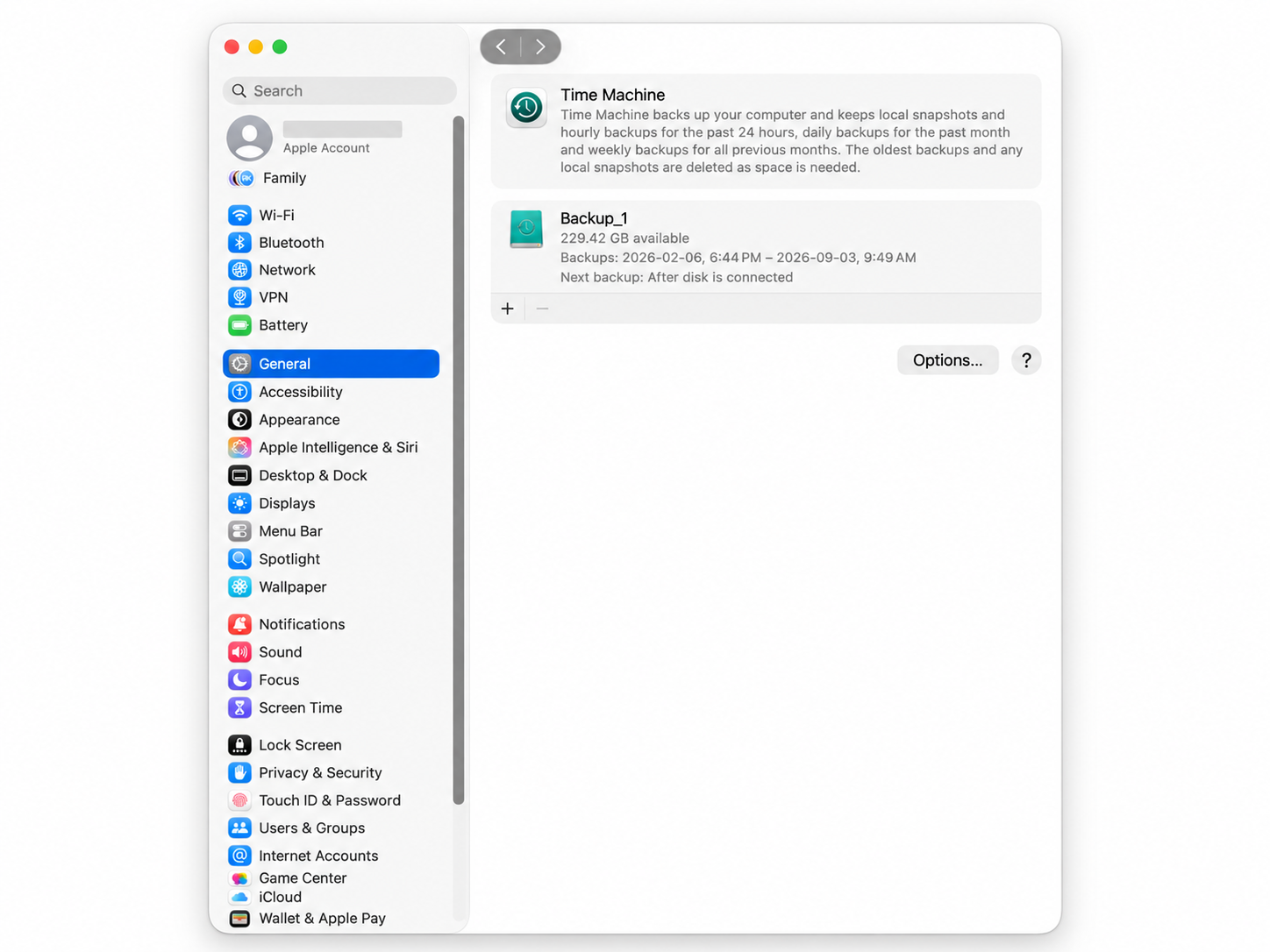 Time Machine settings on a Mac showing a configured backup disk