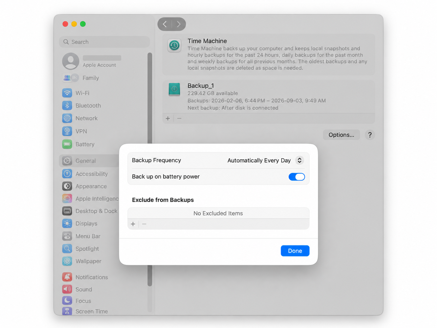 Time Machine options showing backup frequency and battery backup settings